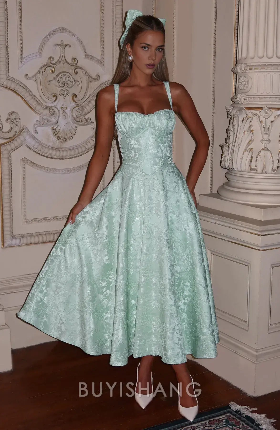 Elegant A-Line Spaghetti Strap Jacquard Midi Ball Gown with Corset Back Prom Dresses